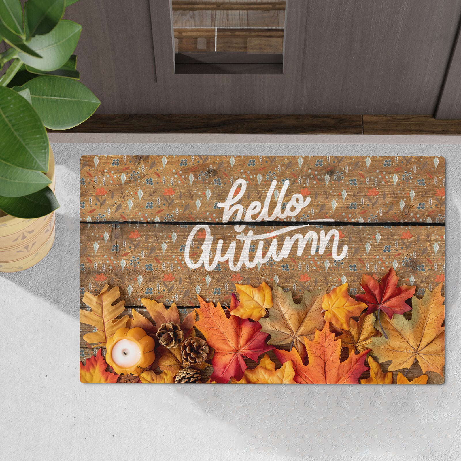 Hello Autumn Welcome Doormat, Fall Leaves Themed Door Mat, Autumn
